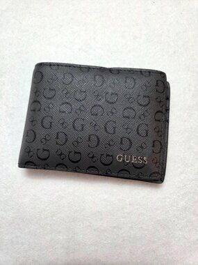 GUESS Monogram Carter Billfold Black Gray Coal Bifold Wallet Removable ID Holder